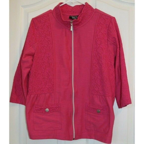 Onque Full Zip Top Jacket Shirt Pockets Textured Pink Silver Cotton Womens M - Picture 1 of 9